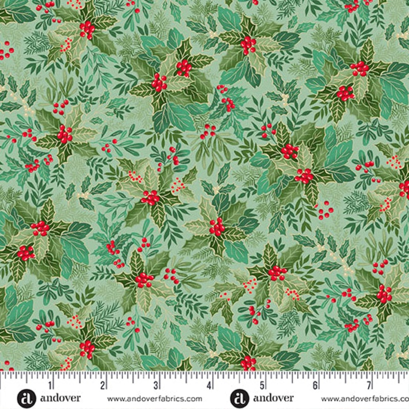 Andover/Makower Good Tidings MU107 G5 Mid Green Holly Bush By The Yard