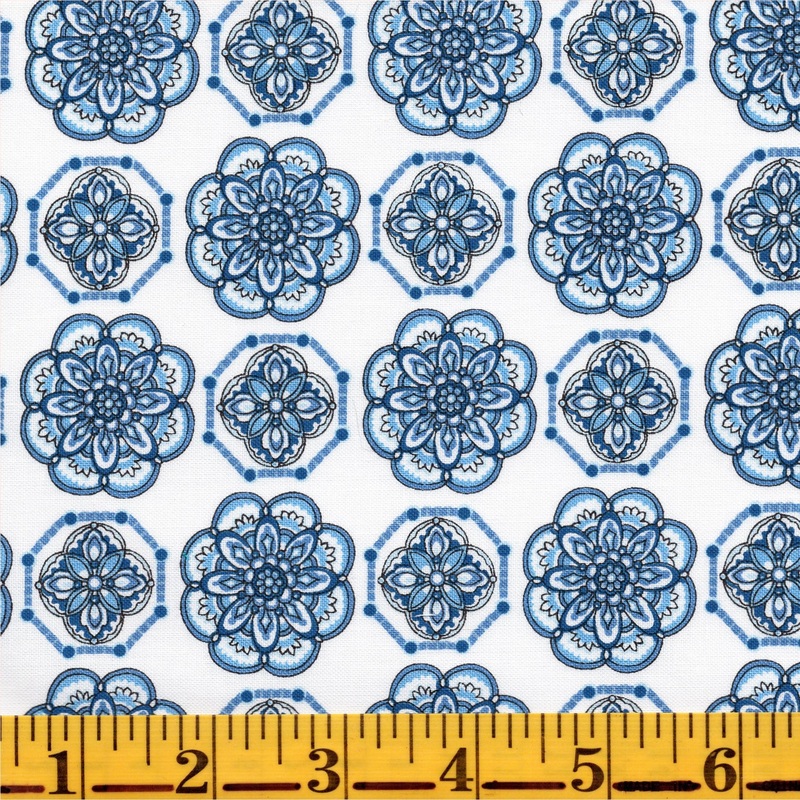 Benartex Bluesette 13447 09 White/Blue Tile Medallion 2.75 Yards