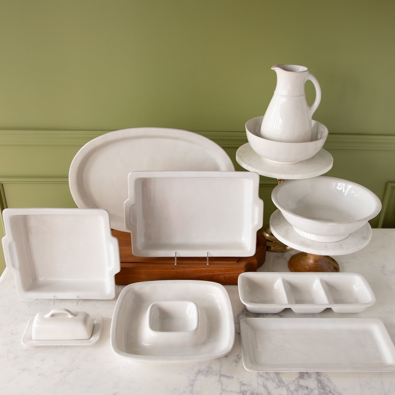 Puro Whitewash Serveware|Butter Dish|Chip n’ Dip|16″ Platter|20″ Platter|10″ Serving Bowl|Square Baker|Rectangular Appetizer Platter|Sugar Bowl|Creamer|Pitcher/Vase|16″ Rectangular Baker|Divided Serving Dish|Ramekin