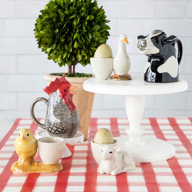 Farm Animal Ceramics|Medium Cow Jug|Cow Wall Vase|Duck Egg Cup|Duck Bud Vase|Rooster Jug|Pig Pencil Pot|Squirrel Bud Vase|Chick Egg Cup|Lamb Egg Cup|Turkey Salt & Pepper Shaker