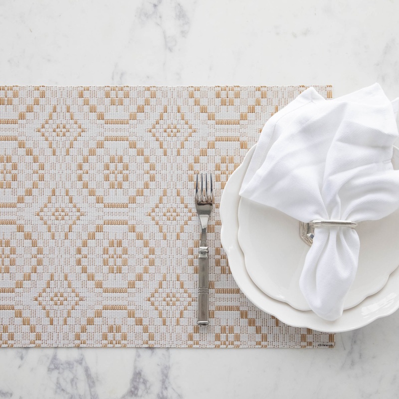 Overshot Table Mat|Butterscotch|Denim|Paprika