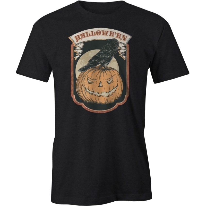 Retro Hallowe’en T-Shirt  Vintage Halloween Raven and Pumpkin Design