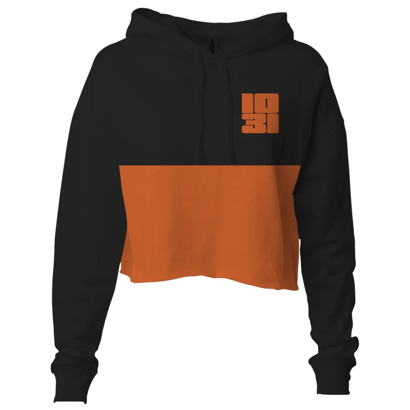 1031 Black & Orange Crop Split Pullover Hoodie  Halloween Style for Women