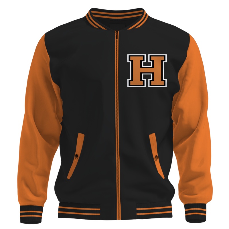 1031 Halloween Pumpkin Letterman Jacket Full Fleece in Vintage Orange and Black