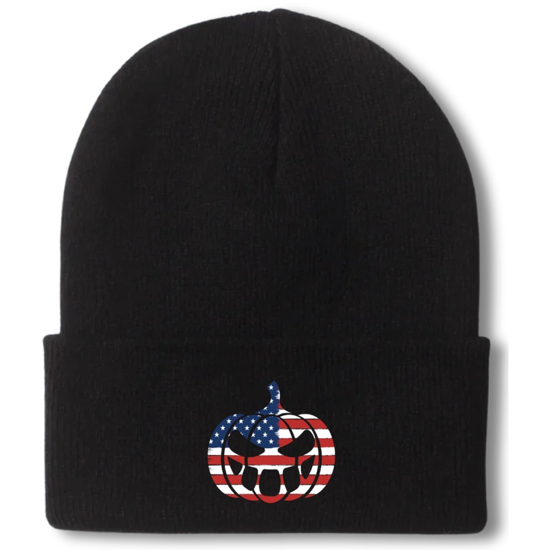 Black Knit Cuffed Beanie with Embroidered American Flag Jack O’ Lantern  United Halloween