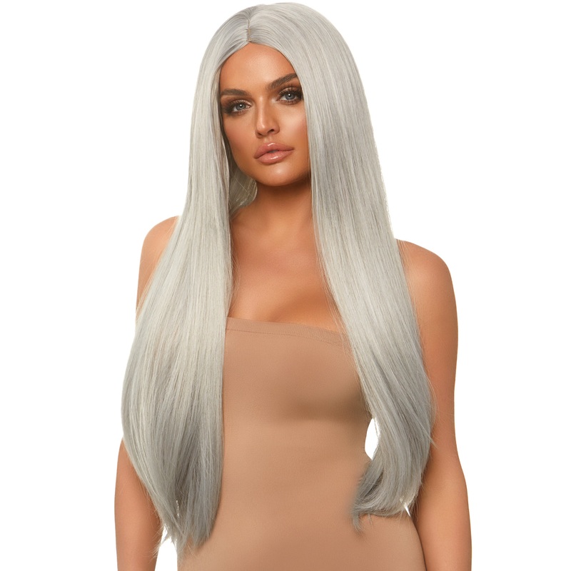 33 Long Straight Center Part Grey Wig