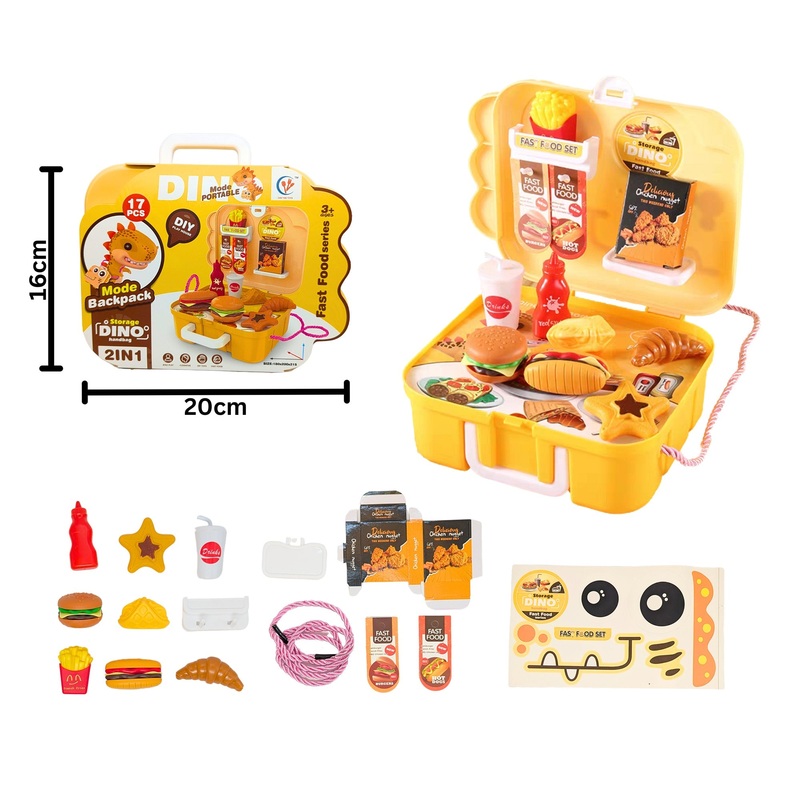 17pcs Storage Dino Handbag Fast Food Series Age 3+  8x3x6in