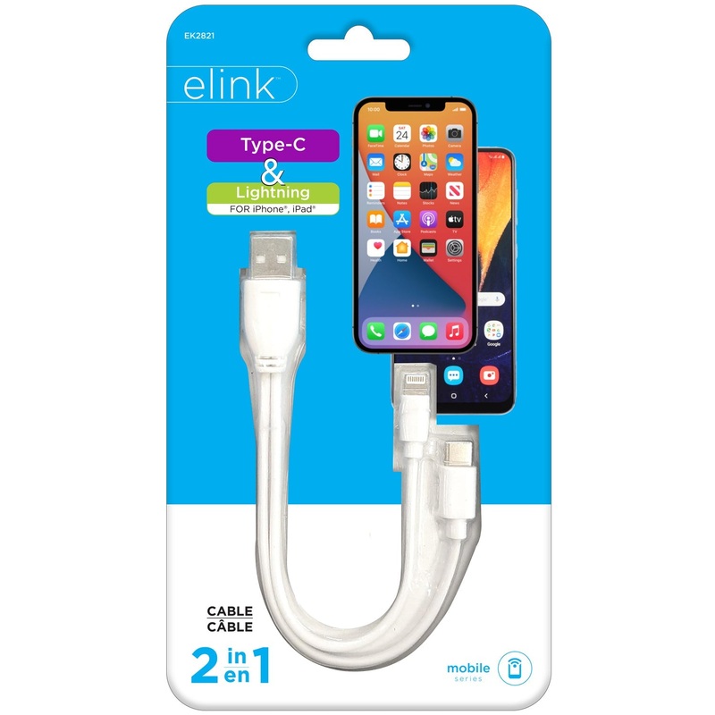 elink 2 in 1 Lightning and Type-C Cable – 6in Cable