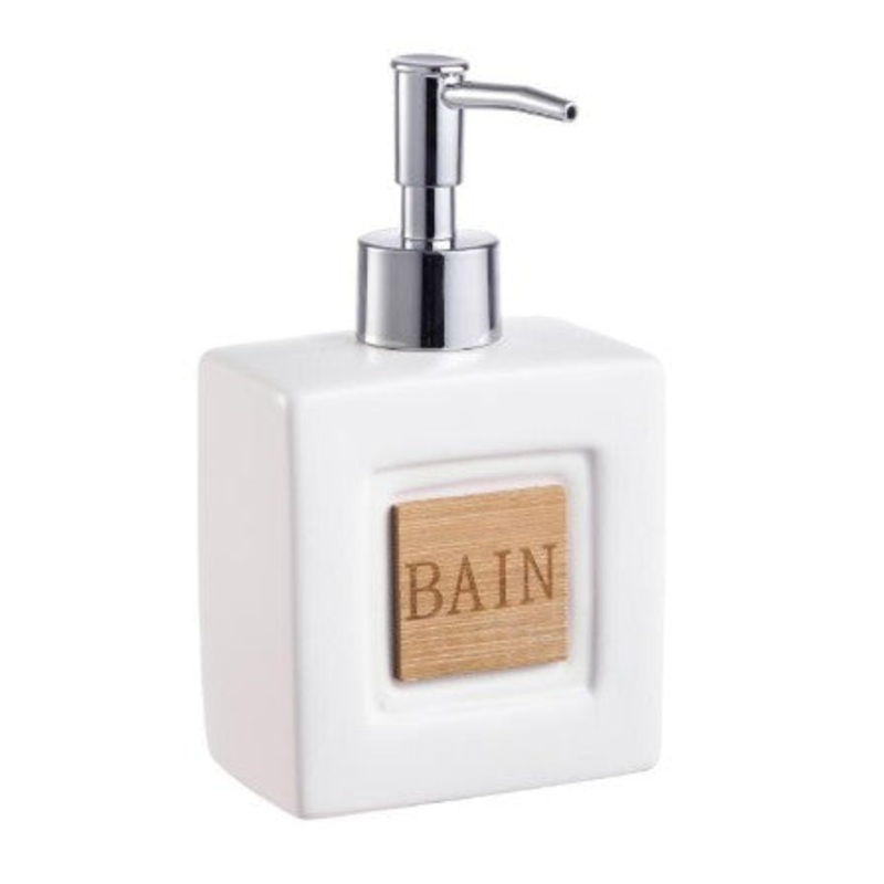 White Ceramic Soap Pump with Bamboo Cutout Bain 6.5×3.5×2.25in