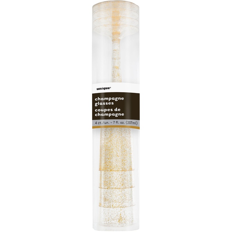 4 Gold Glitter Plastic Champagne Flutes