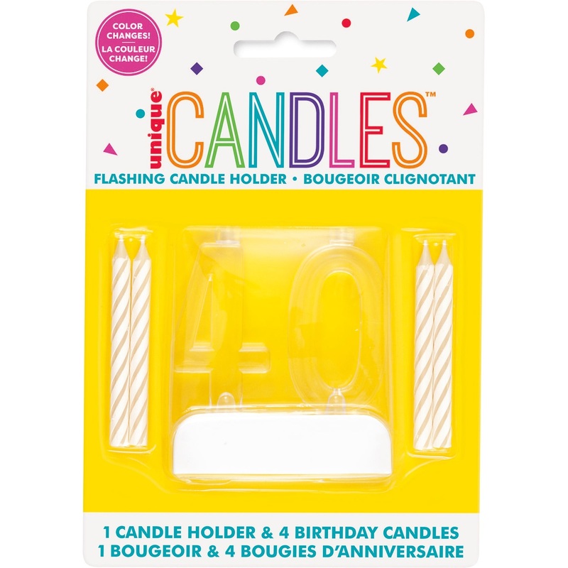 Age 40 Flashing Candle Holder 2.8×2.5in with 4 Candles 2.5in
