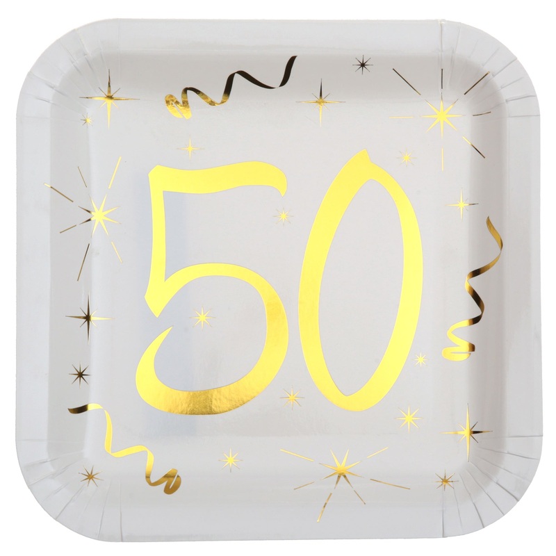Age 50 10 Square Paper Plates White and Gold 9x9in