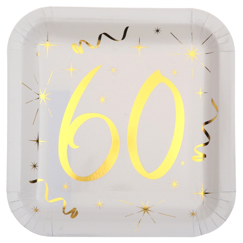 Age 60 10 Square Paper Plates White and Gold 9x9in