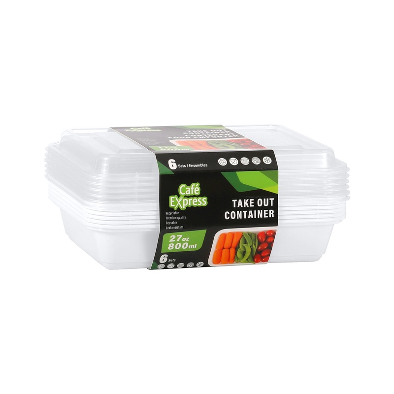 Caf Express 6 Plastic Take Out Containers with Lids 800ml (27oz) 8×5.5×1.5in
