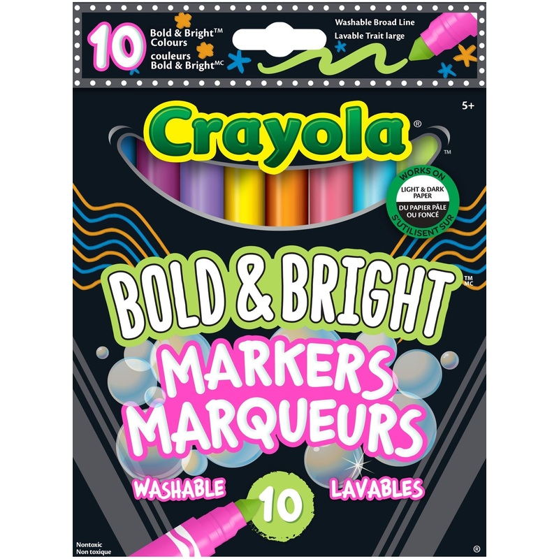 Crayola 10 Markers Bold and Bright Washable Broad Line for Dark or Light Paper 5+
