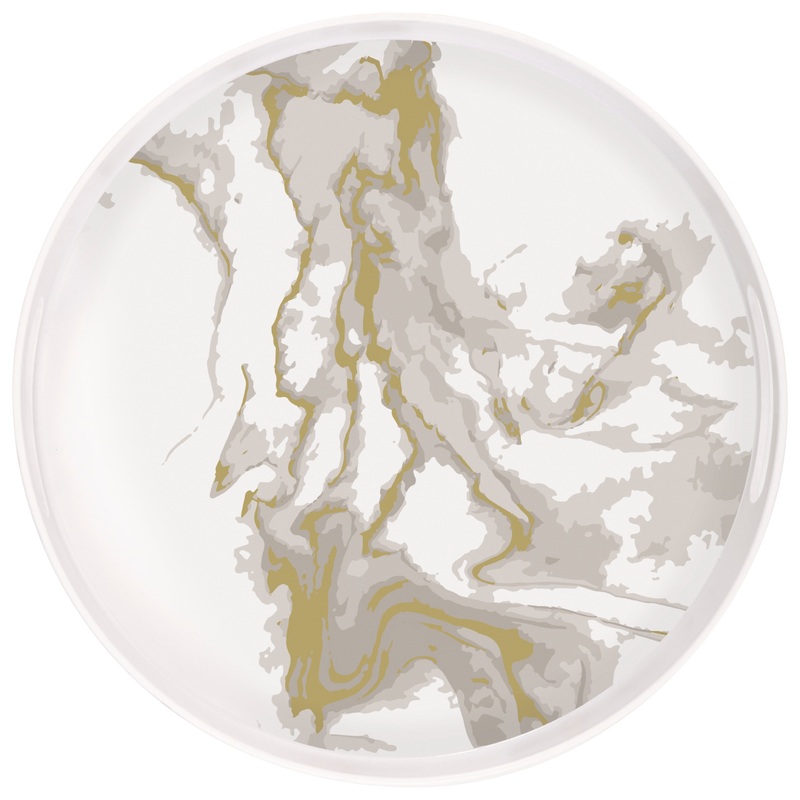 Gold Party Marble Round Plastic Serving Tray with Handles 13.5in dia.