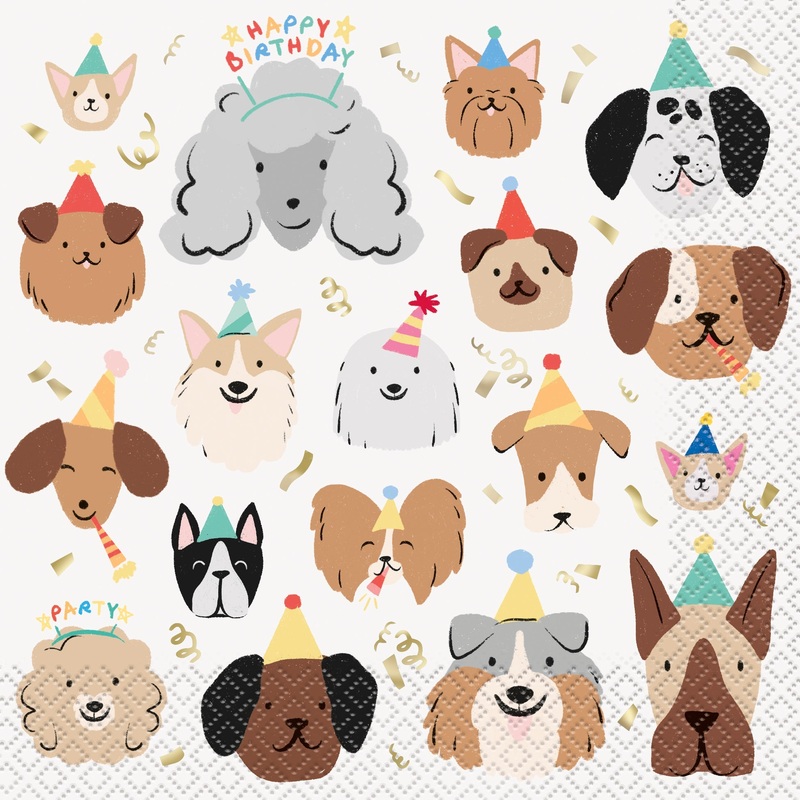 Paw Party 16 Dog Print Luncheon Napkins with Foil 12.75×12.75in