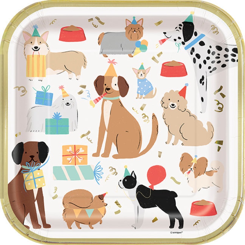 Paw Party 8 Square Paper Dog Print Plates with Foil 9in
