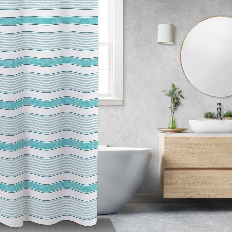 Printed Fabric Shower Curtain 100% Polyester – Aqua Stripes 70x72in