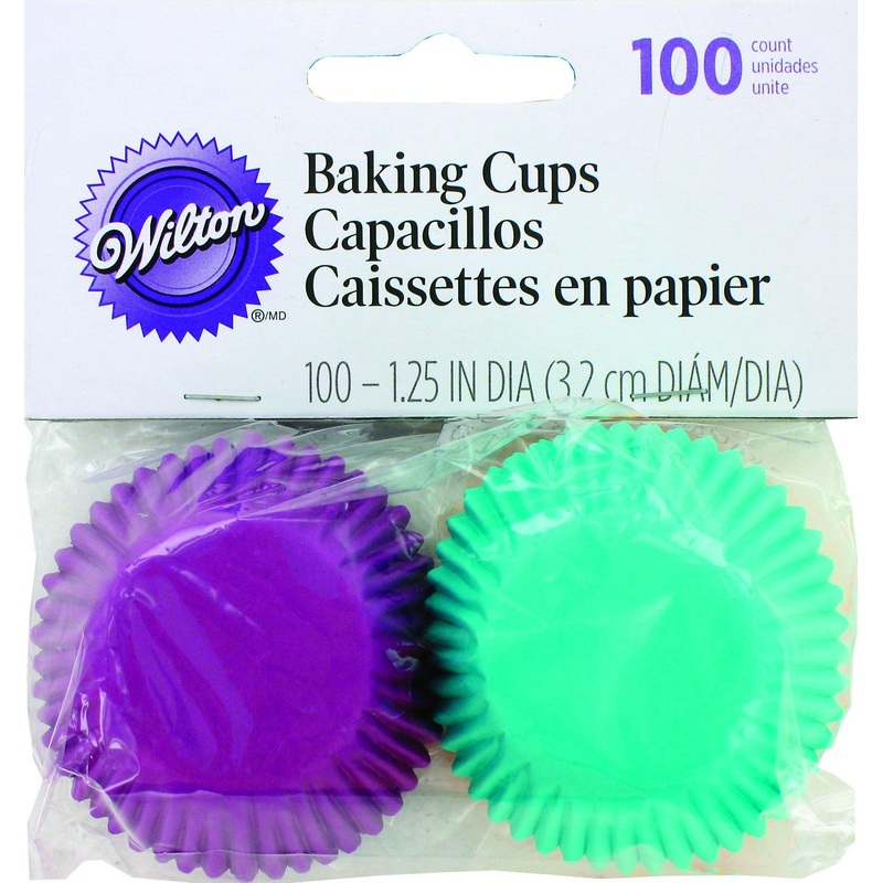 Wilton 100 Mini Paper Baking Cups  Assorted Jewels Violet, Yellow, Teal  1.5in
