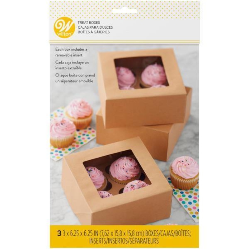 Wilton 3 Treat Boxes with Inserts Kraft Cardboard for 4 Cupcakes 3×6.25×6.25in