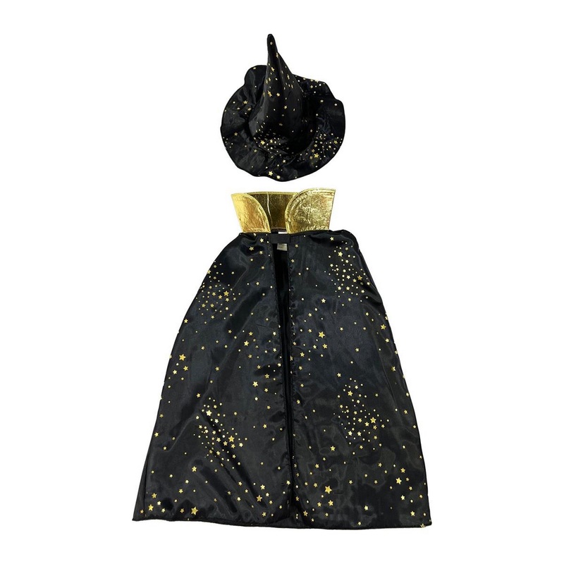 Party Gear Halloween Cape with Hat – Black with Gold Stars – Kid 3-5,6-8 Years VRT