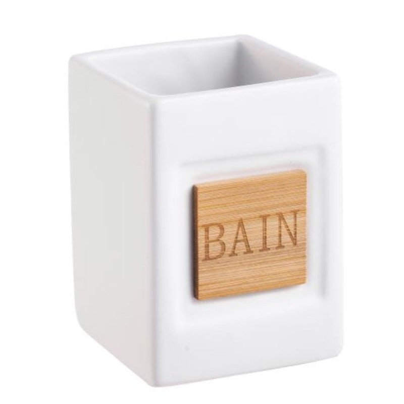 White Ceramic Tumbler with Bamboo Cutout Bain 4×2.8in