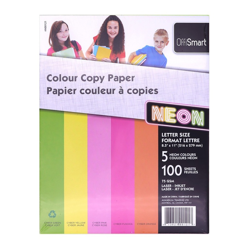 Offismart 100 Sheets Printing Paper 5 Neon Colors 8.5x11in