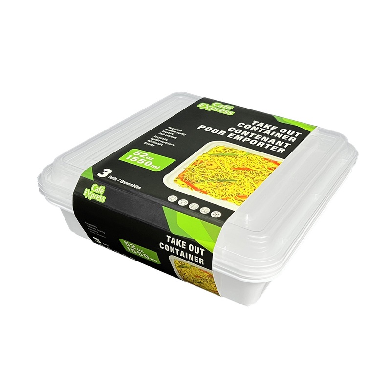 Caf Express 3 Take Out Plastic Containers with Lid 52oz  7.5×7.5x2in