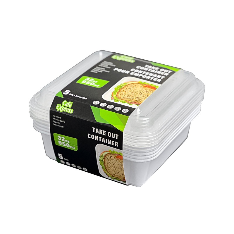Caf Express 5 Take Out Plastic Containers with Lid 32oz  5.8×5.8x2in