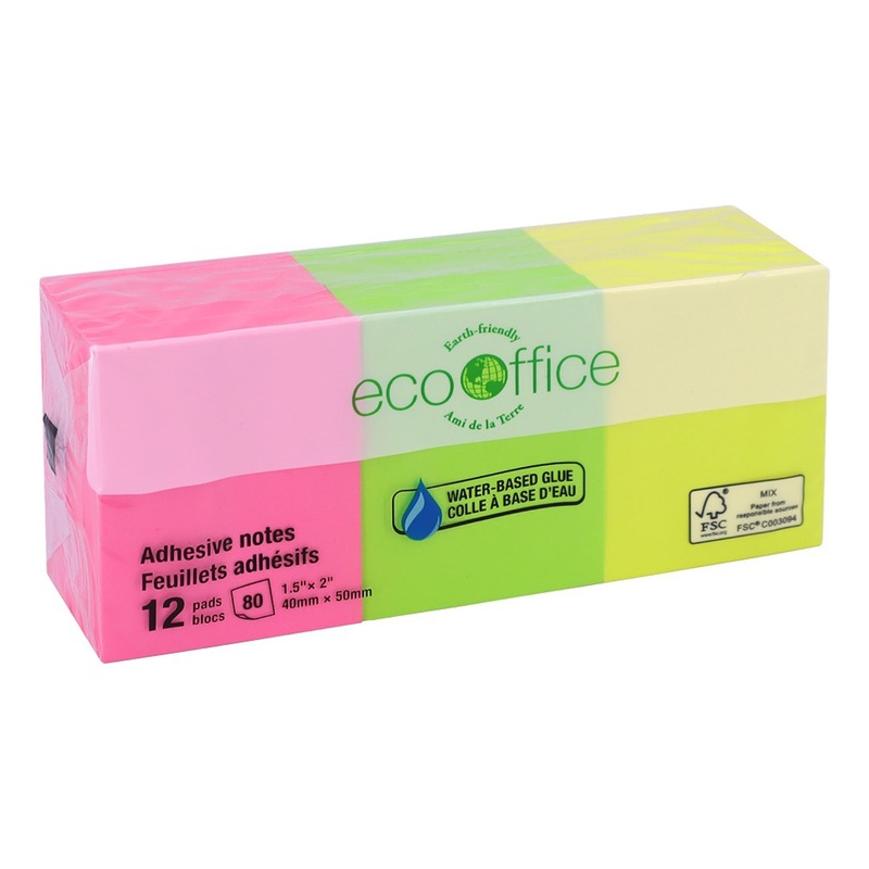 EcoOffice 12×80 Sheets Adhesive Notes Neon 1.5x2in