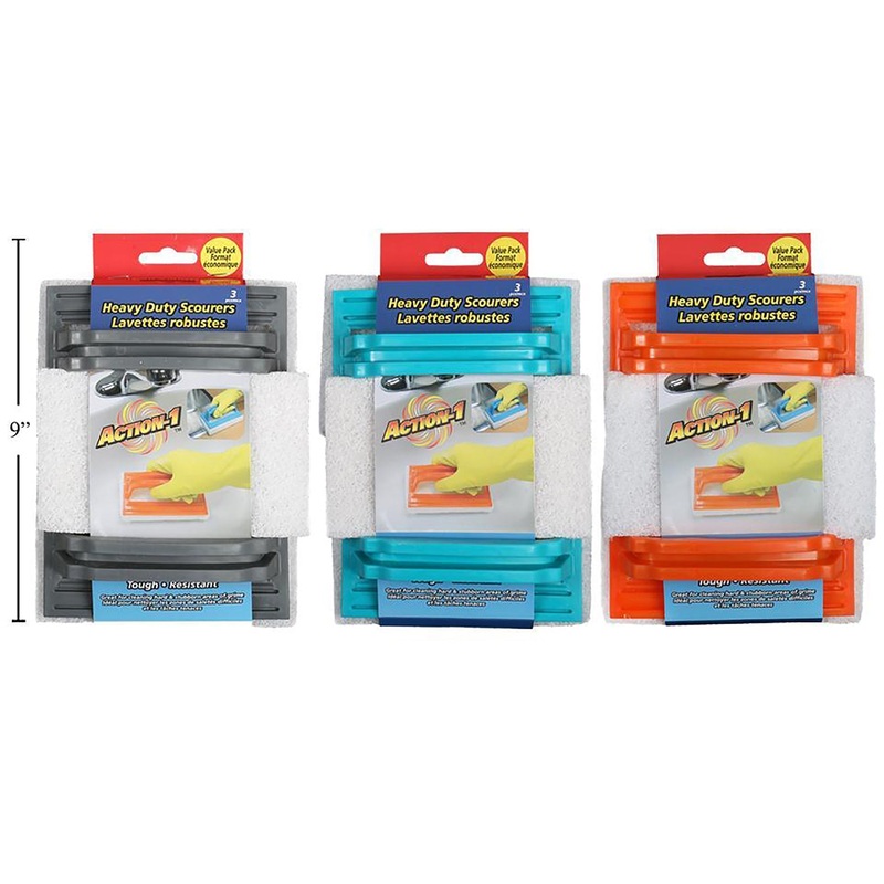Action-1 3 Scrub Scourers with Plastic Handle 6×3.5×0.8in