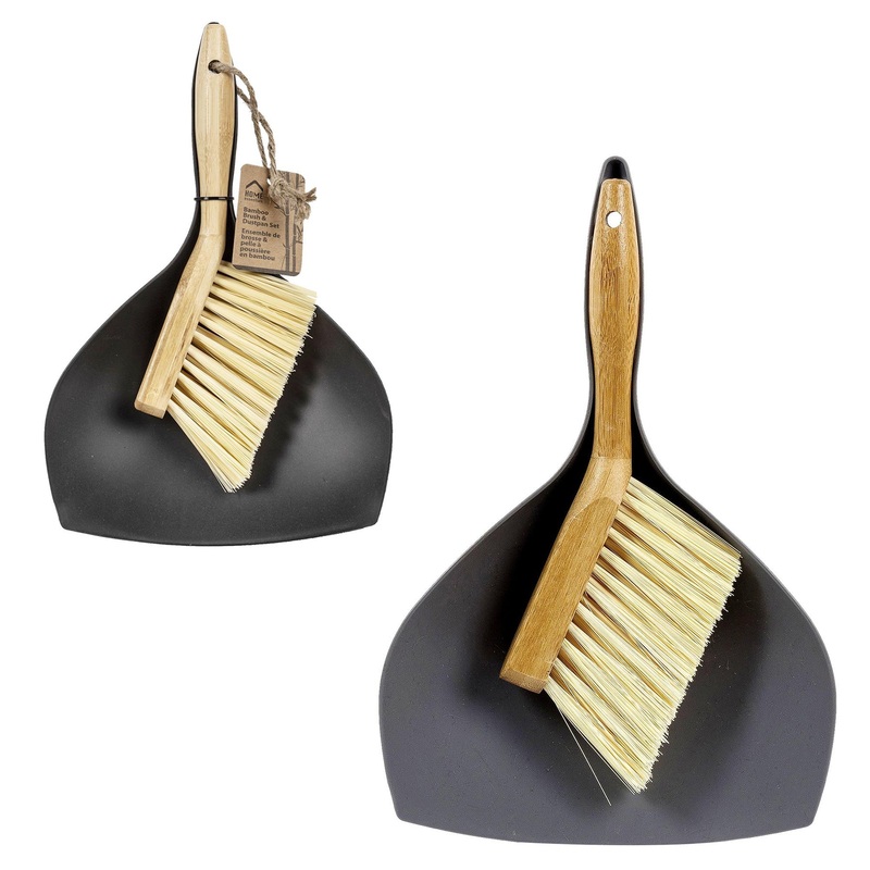 Home Essentials Dustpan and Brush Set Matte Black with Bamboo Handle 11.4×7.5in