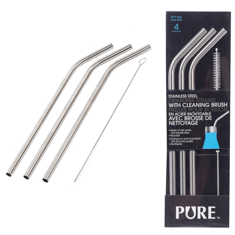 Pure 3 Curved Straws with Brush Stainless Steel 9.25in