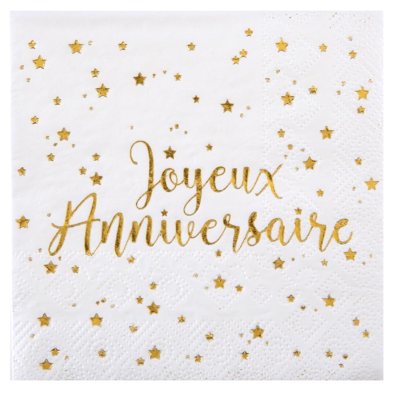 Joyeux Anniversaire 20 Beverage Napkins White and Gold 10x10in