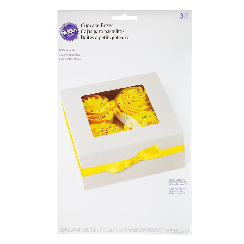 Wilton 3 Treat Boxes with Inserts White Cardboard for 4 Cupcakes 3×6.25×6.25in