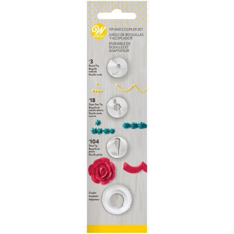 Wilton 4pcs Decorating Tip and Coupler Set Tip #3, #18, #104