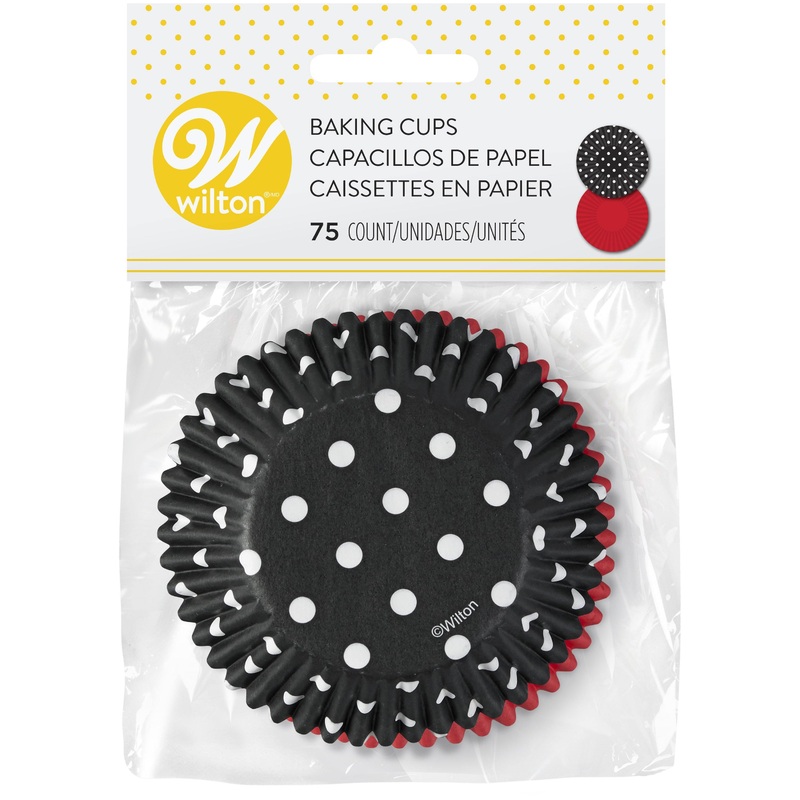 Wilton 75 Paper Baking Cups Black Polka Dots and Plain Red 2.5in