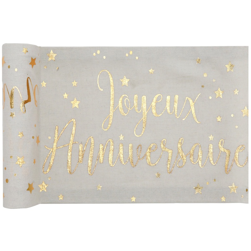 Joyeux Anniversaire Table Runner White and Gold  11x118in