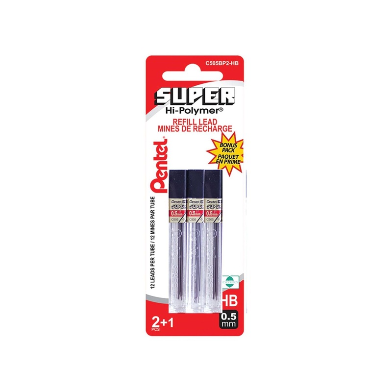 Pentel 2+1 pk Refill HB Leads 12 per Tube 0.5mm