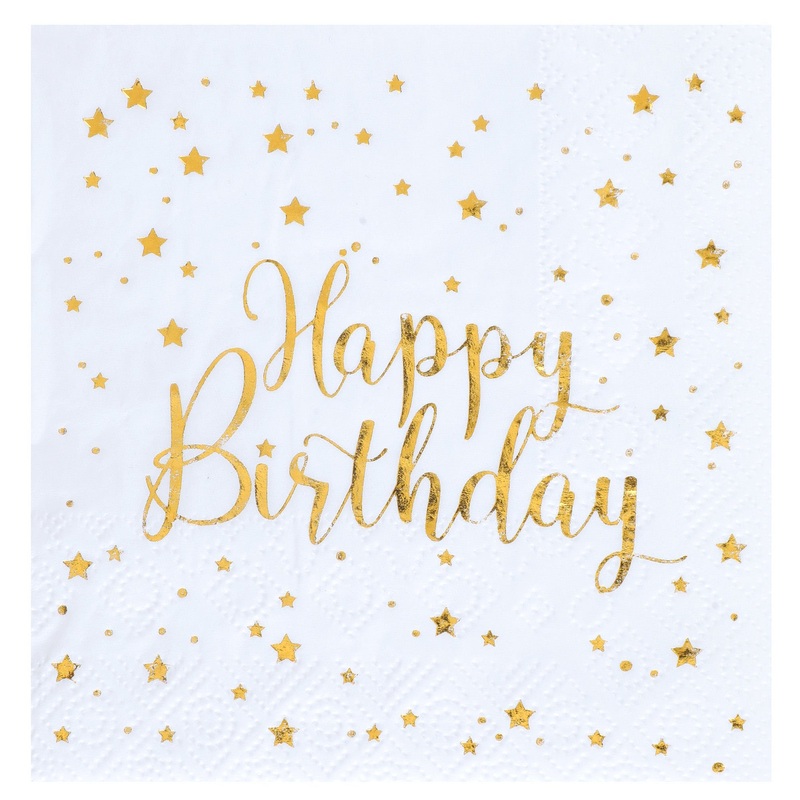 Happy Birthday 20 Beverage Napkins White and Gold 10x10in