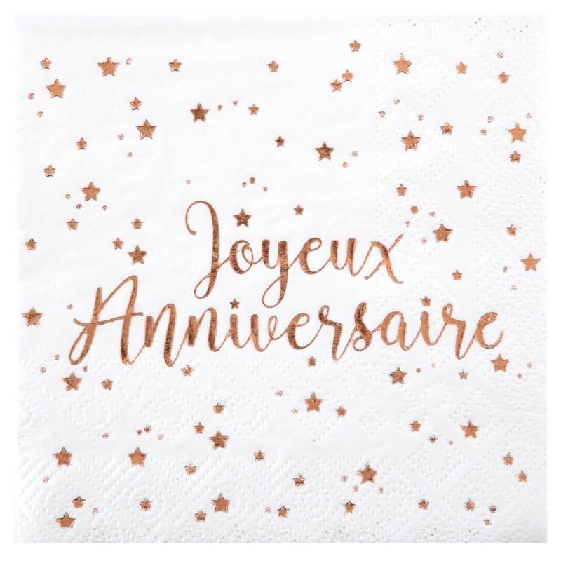 Joyeux Anniversaire 20 Beverage Napkins White and Rose Gold 10x10in