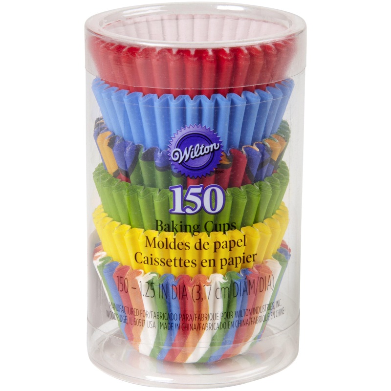Wilton 150 Mini Paper Baking Cups Plain Rainbow (4) and Printed (2) 1.5in