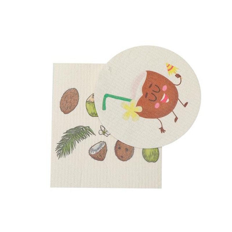 2 Swedish Printed Dishcloths Coconut – Washable – Reusable Square 7.6×6.7in Circle 6in