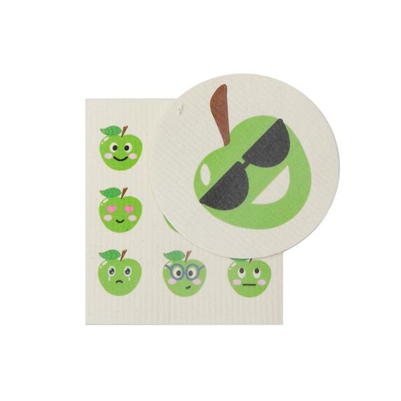 2 Swedish Printed Dishcloths Green Apple – Washable – Reusable Square 7.6×6.7in Circle 6in