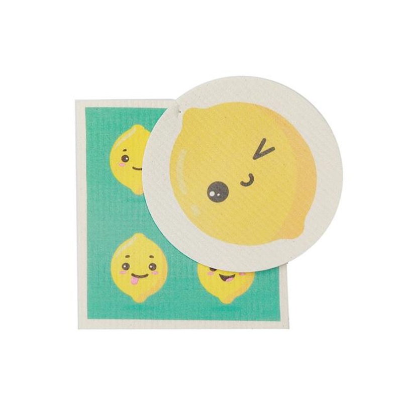 2 Swedish Printed Dishcloths Lemon – Washable – Reusable Square 7.6×6.7in Circle 6in