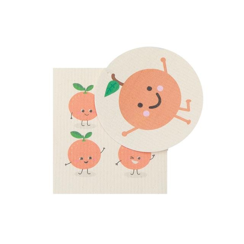 2 Swedish Printed Dishcloths Orange – Washable – Reusable Square 7.6×6.7in Circle 6in