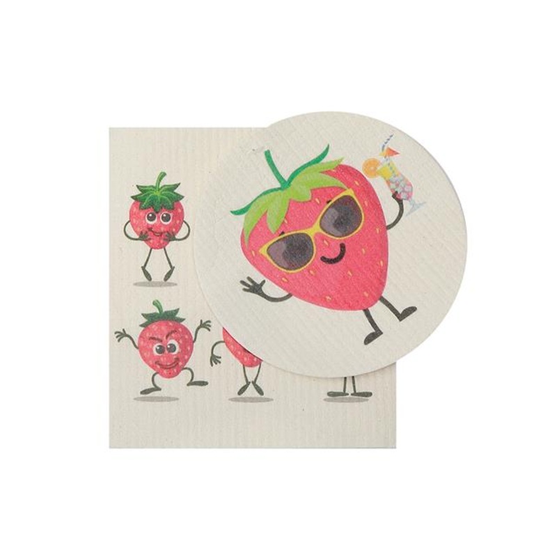 2 Swedish Printed Dishcloths Strawberry – Washable – Reusable Square 7.6×6.7in Circle 6in