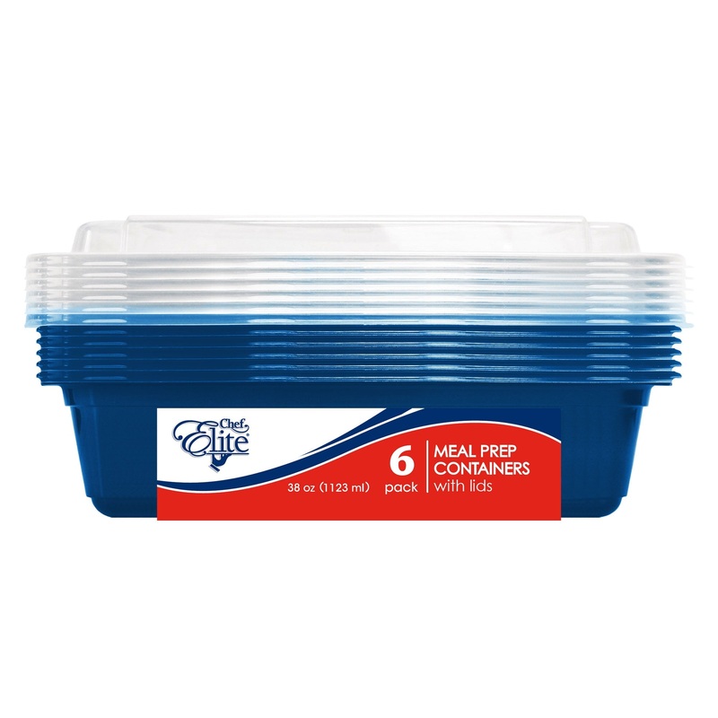 Chef Elite 6 Rectangular Plastic Containers with Lids 1123ml (38oz) 8.25×5.5×1.75in