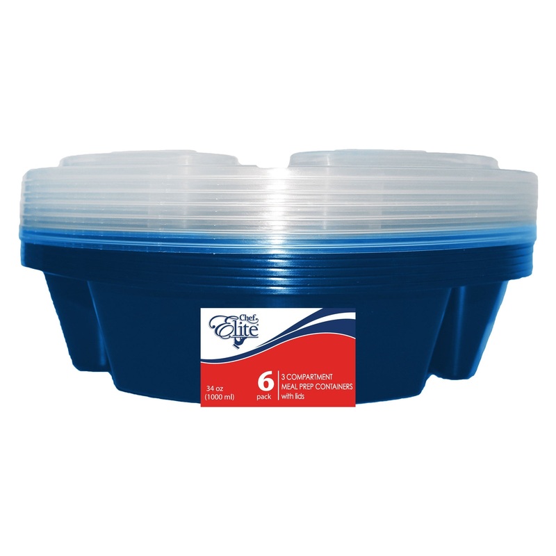 Chef Elite 6 Round Plastic Containers with Lids – 3 Compartments 1123ml (38oz) 8×1.75in